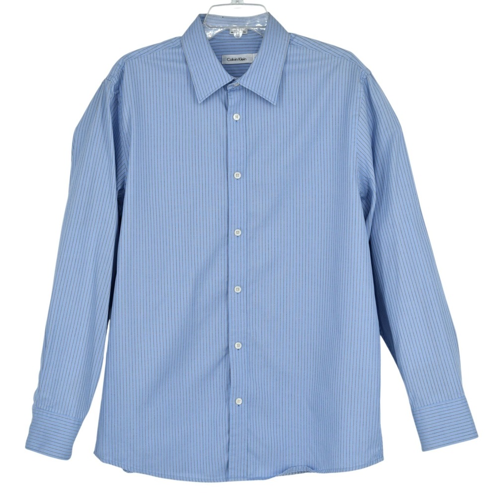 Vintage 90s Calvin Klein Mens Large Striped Light Blue Casual Button Up Shirt